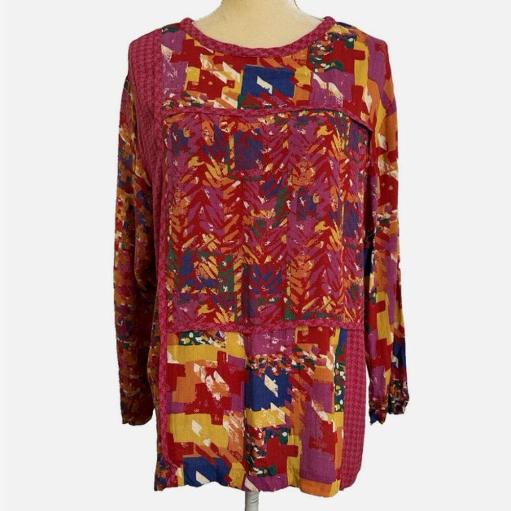 CAROLE LITTLE Vintage Multicolor Top Petite 80s Blouse Red Pink